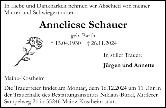 Traueranzeige von Anneliese Schauer von Allgemeine Zeitung Mainz