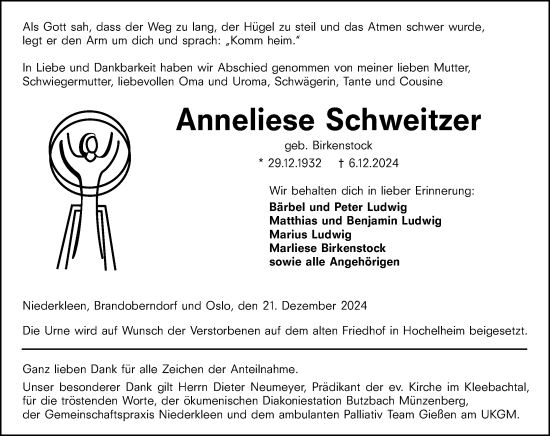 Traueranzeige von Anneliese Schweitzer von Wetzlarer Neue Zeitung