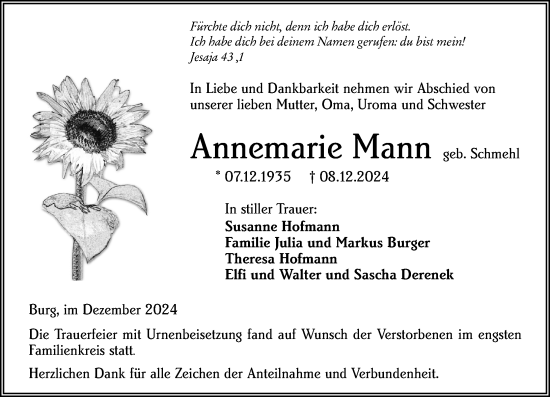 Traueranzeige von Annemarie Mann von Dill Block