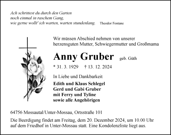 Traueranzeige von Anny Gruber von Odenwälder Echo