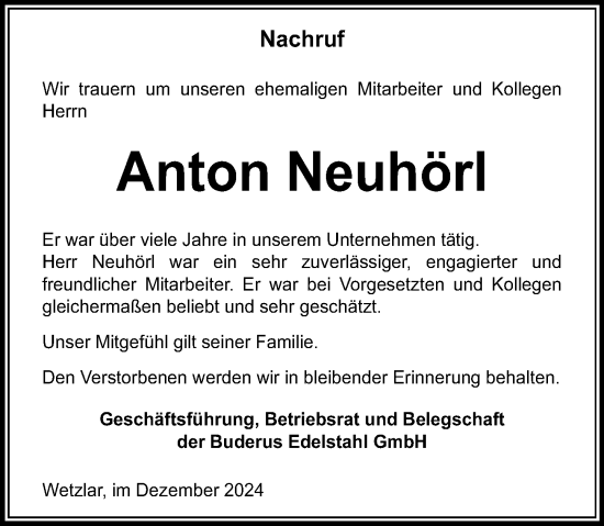 Traueranzeige von Anton Neuhörl von Wetzlarer Neue Zeitung