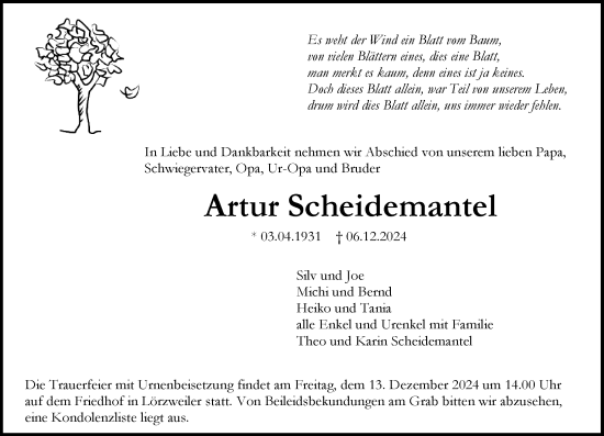 Traueranzeige von Artur Scheidemantel von Allgemeine Zeitung Mainz