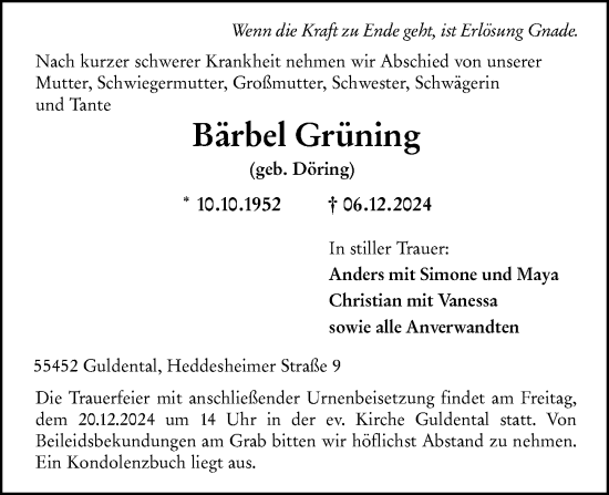 Traueranzeige von Bärbel Grüning von Allgemeine Zeitung Rheinhessen-Nahe