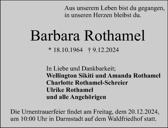 Traueranzeige von Barbara Rothamel von Darmstädter Echo