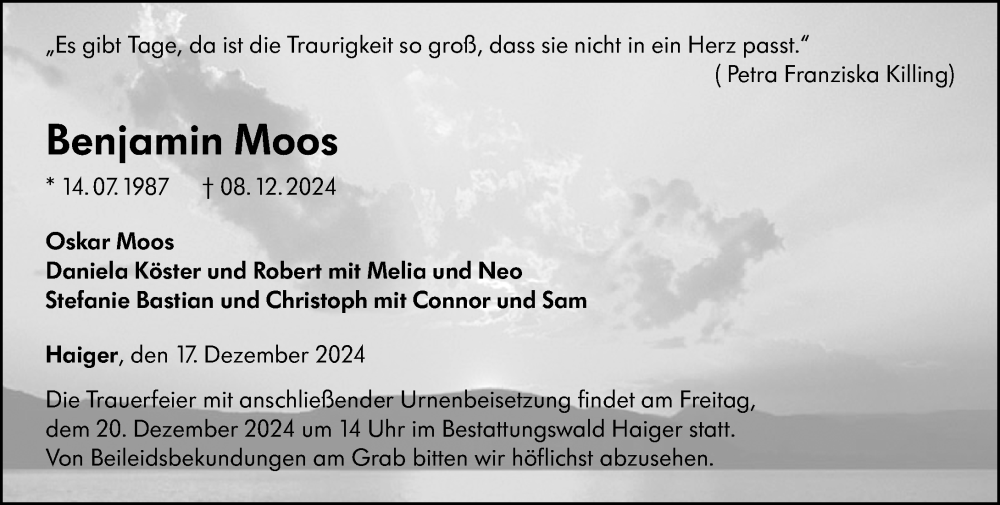  Traueranzeige für Benjamin Moos vom 17.12.2024 aus Dill Block