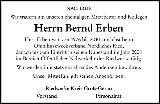 Traueranzeige von Bernd Erben von Groß-Gerauer Echo