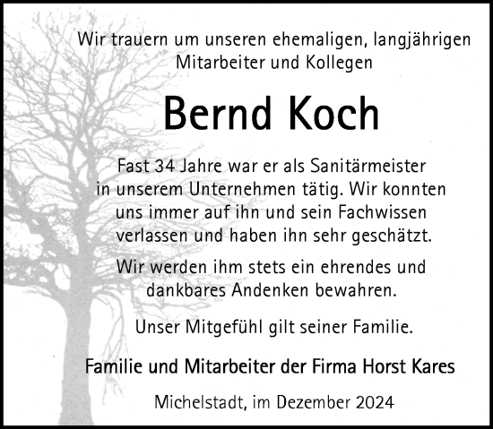 Traueranzeige von Bernd Koch von Odenwälder Echo