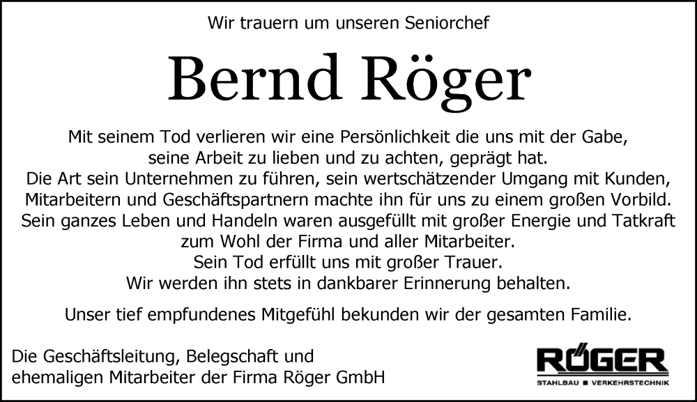  Traueranzeige für Bernd Röger vom 14.12.2024 aus Dill Block