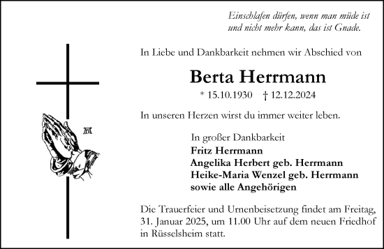 Traueranzeige von Berta Herrmann von Rüsselsheimer Echo