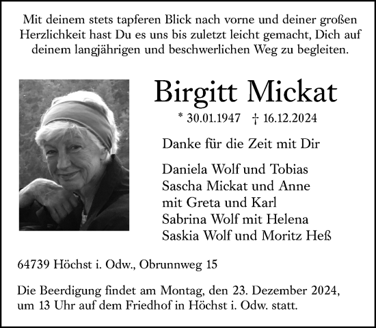 Traueranzeige von Birgitt Mickat von Odenwälder Echo