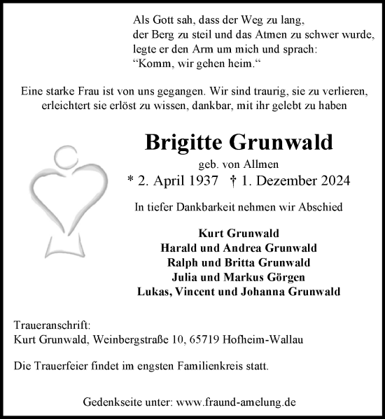 Traueranzeige von Brigitte Grunwald von Wiesbadener Kurier