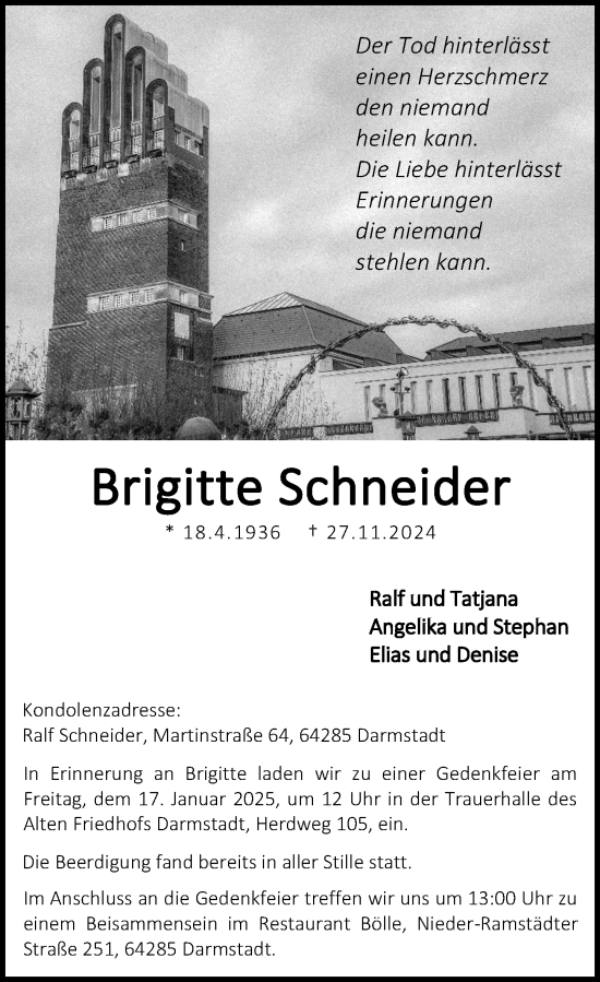 Traueranzeige von Brigitte Schneider von Darmstädter Echo