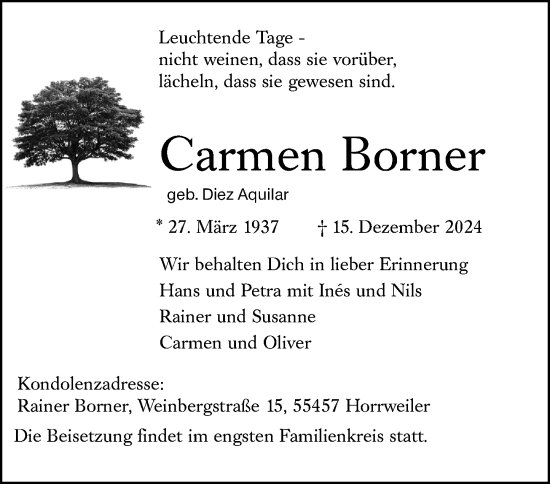 Traueranzeige von Carmen Borner von Binger-/Ingelheimer Wochenblatt