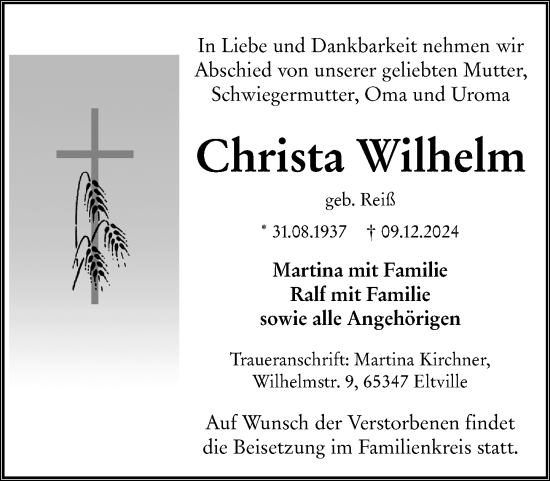 Traueranzeige von Christa Wilhelm von Wiesbadener Kurier