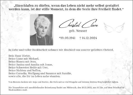 Traueranzeige von Christel Clare von Dill Block