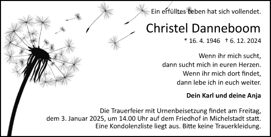 Traueranzeige von Christel Danneboom von Odenwälder Echo