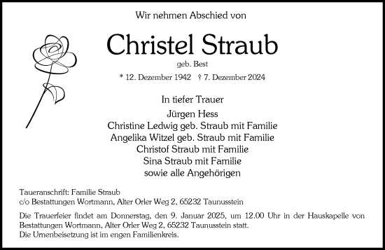 Traueranzeige von Christel Straub von Wiesbadener Kurier