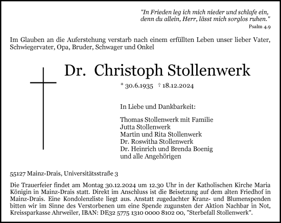 Traueranzeige von Christoph Stollenwerk von Allgemeine Zeitung Mainz