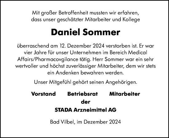 Traueranzeige von Daniel Sommer von Dill Block