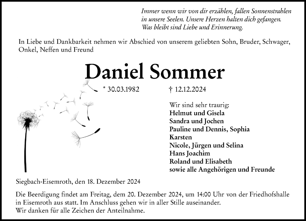  Traueranzeige für Daniel Sommer vom 18.12.2024 aus Dill Block