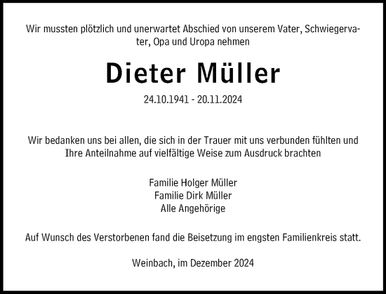 Traueranzeige von Dieter Müller von Weilburger Tageblatt