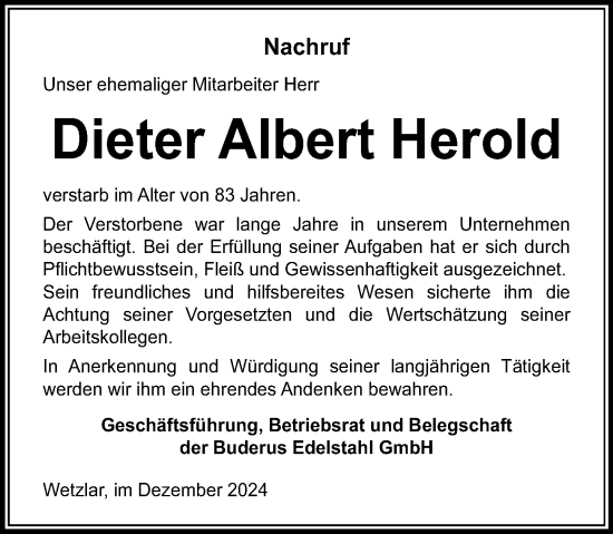 Traueranzeige von Dieter Albert Herold von Wetzlarer Neue Zeitung