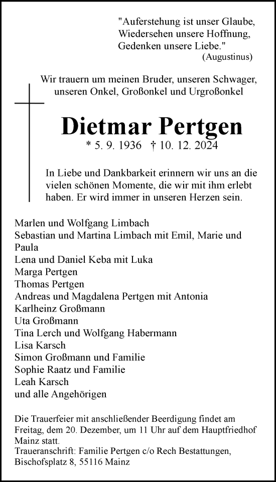 Traueranzeige von Dietmar Pertgen von Allgemeine Zeitung Mainz