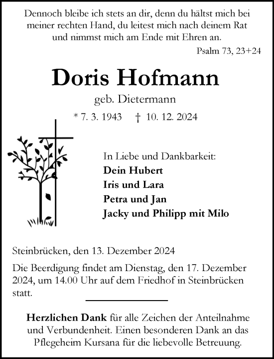 Traueranzeige von Doris Hofmann von Dill Block