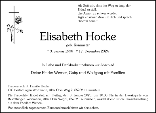 Traueranzeige von Elisabeth Hocke von Wiesbadener Kurier