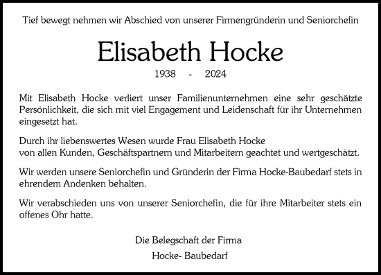 Traueranzeige von Elisabeth Hocke von Wiesbadener Kurier