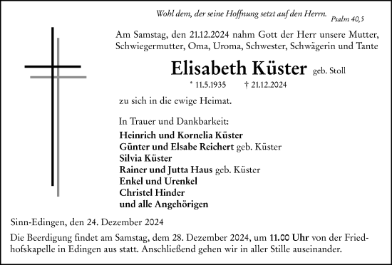 Traueranzeige von Elisabeth Küster von Dill Block