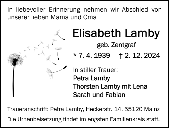 Traueranzeige von Elisabeth Lamby von Allgemeine Zeitung Mainz