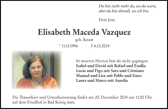 Traueranzeige von Elisabeth Maceda Vazquez von Odenwälder Echo