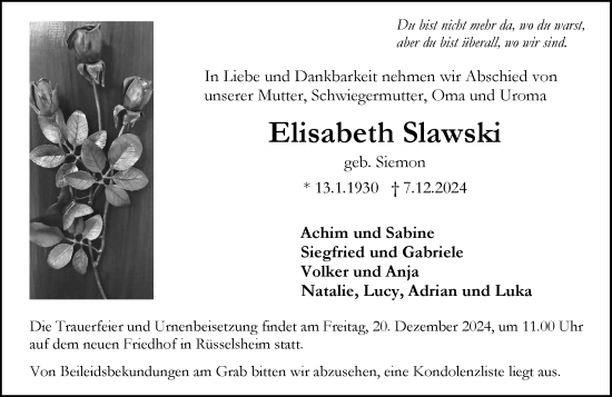 Traueranzeige von Elisabeth Slawski von Rüsselsheimer Echo