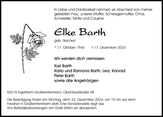 Traueranzeige von Elke Barth von Allgemeine Zeitung Rheinhessen-Nahe