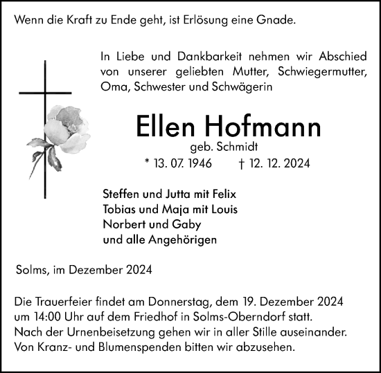 Traueranzeige von Ellen Hofmann von Wetzlarer Neue Zeitung