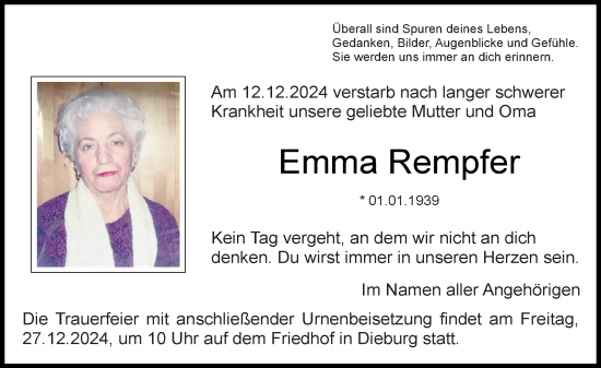 Traueranzeige von Emma Rempfer von Dieburger Anzeiger/Groß-Zimmerner Lokal-Anzeiger