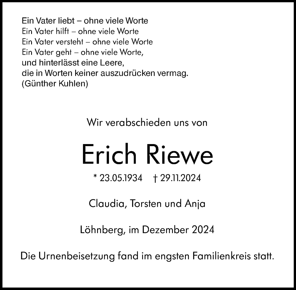  Traueranzeige für Erich Riewe vom 09.12.2024 aus Weilburger Tageblatt