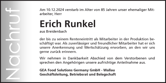 Traueranzeige von Erich Runkel von Hinterländer Anzeiger