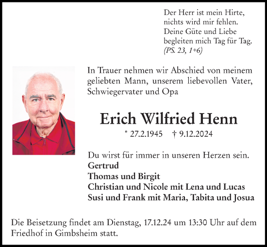 Traueranzeige von Erich Wilfried Henn von Wormser Zeitung