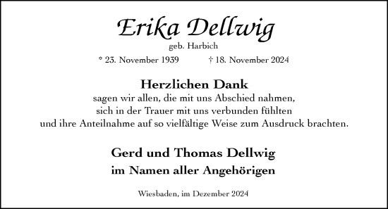 Traueranzeige von Erika Dellwig von Wiesbadener Kurier