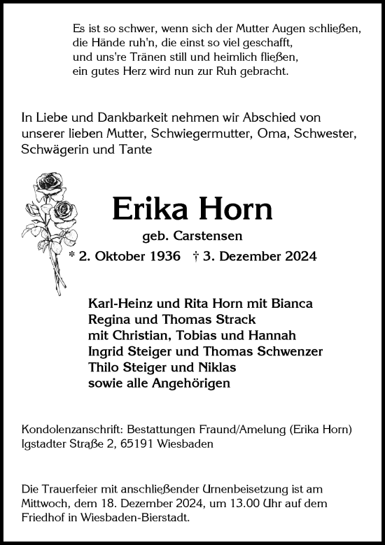 Traueranzeige von Erika Horn von Wiesbadener Kurier