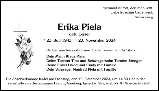 Traueranzeige von Erika Piela von Wiesbadener Kurier