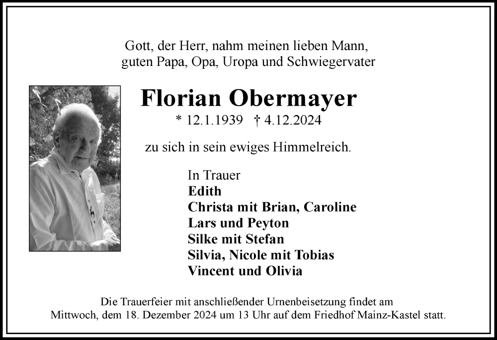  Traueranzeige für Florian Obermayer vom 11.12.2024 aus Wiesbadener Kurier