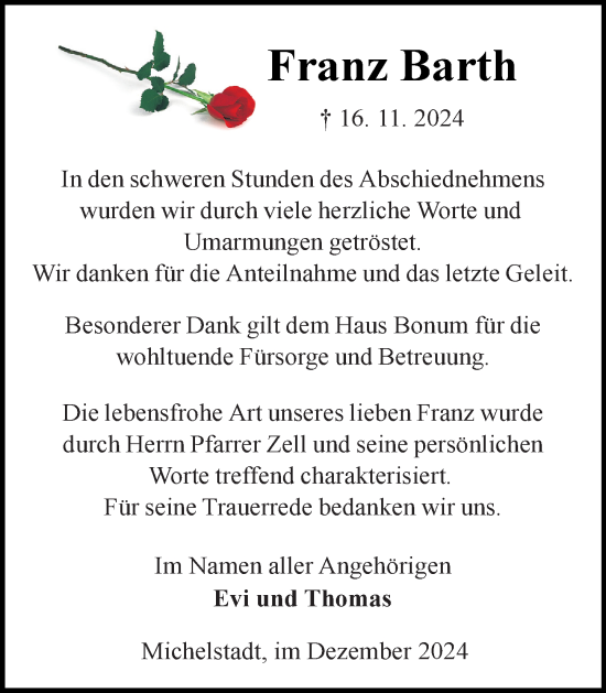 Traueranzeige von Franz Barth von Odenwälder Echo