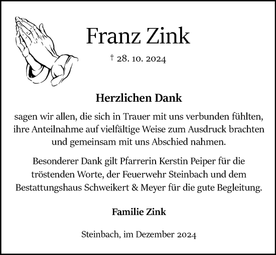 Traueranzeige von Franz Zink von Odenwälder Echo