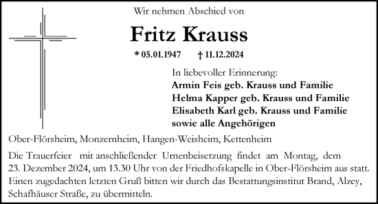 Traueranzeige von Fritz Krauss von Allgemeine Zeitung Alzey