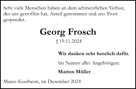 Traueranzeige von Georg Frosch von Allgemeine Zeitung Mainz