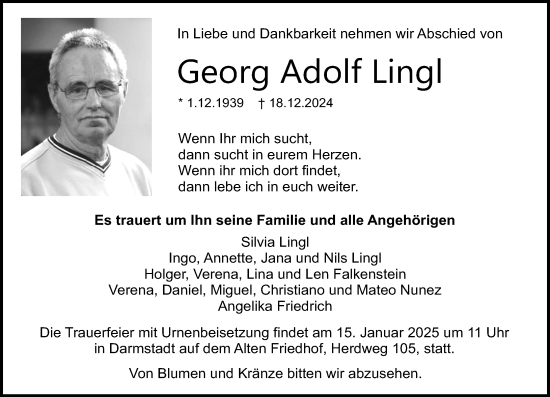 Traueranzeige von Georg Adolf Lingl von Darmstädter Echo