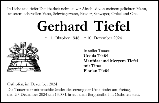 Traueranzeige von Gerhard Tiefel von Wormser Zeitung